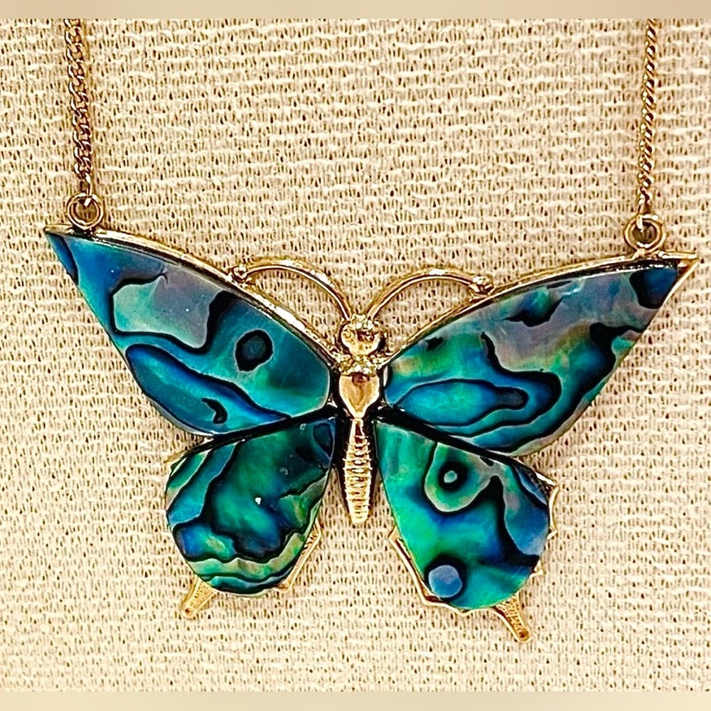 VTG Blue and Green Mother of Pearl Butterfly on Gold-tone Necklace.